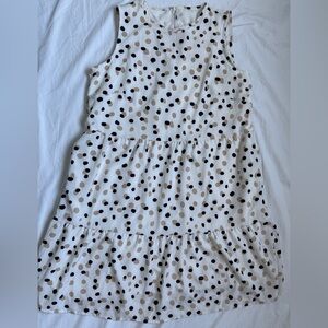 Sleeveless White Dress with Black and Beige Polka Dots